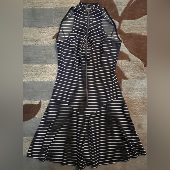 Theory Sleeveless Navy/White Stripe Drop Waist A-line Dress w Front Exposed Zip - Picture 3 of 8